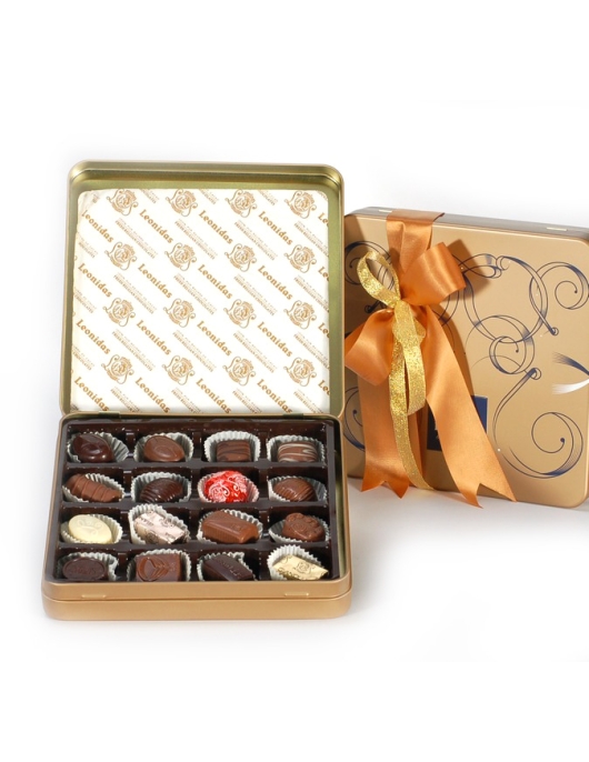 Leonidas tin box with a variety of pralines
